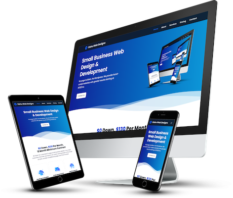 An Oahu Web Designs website shown on a laptop, tablet and phone