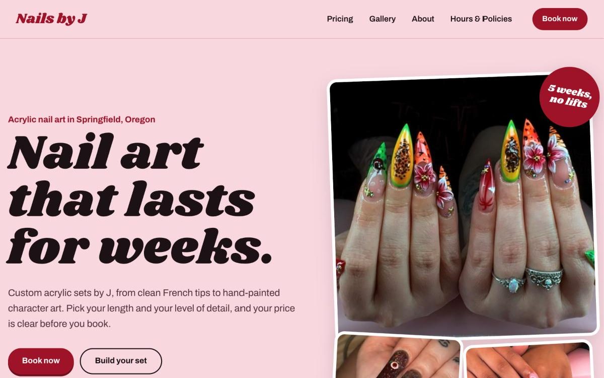 Home page of the Nails By J website